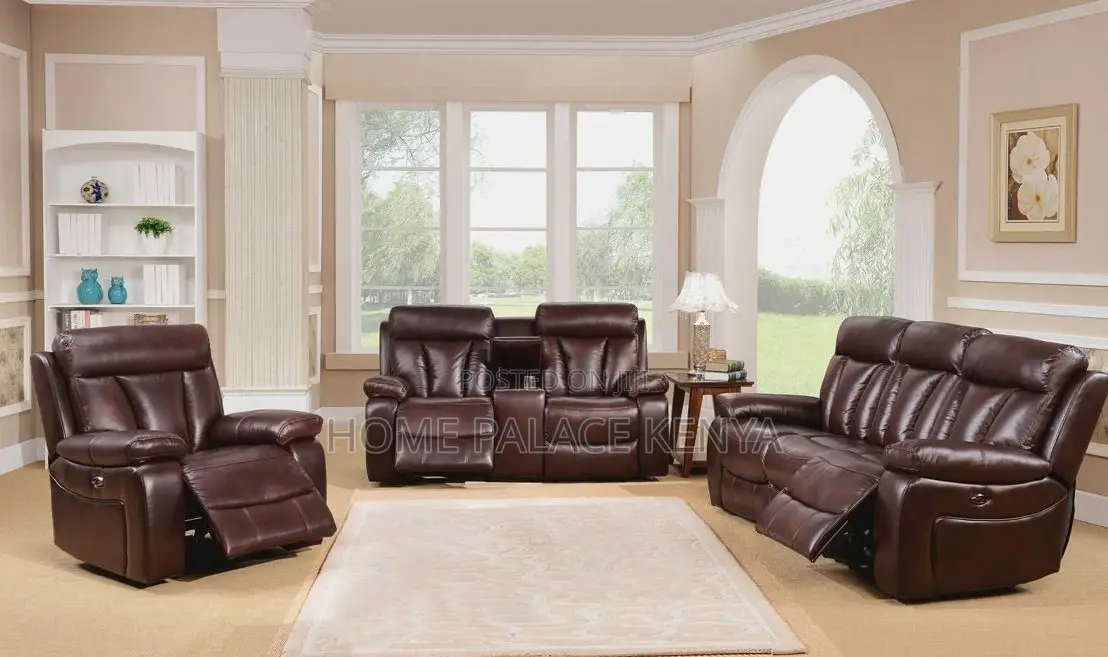 Recliner Sofa: 6 Seater Brown Leather Reclining Sofa Set