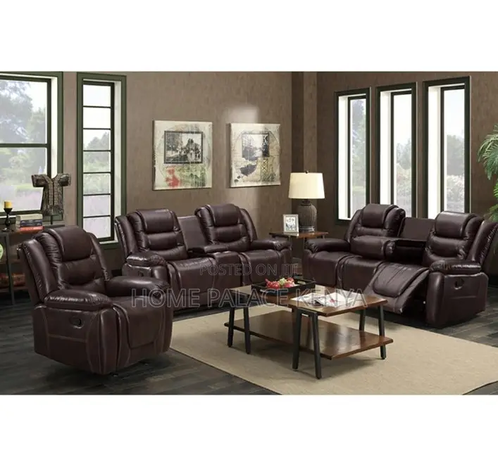 Recliner Sofa: 6 Seater Brown Leather Reclining Sofa Set