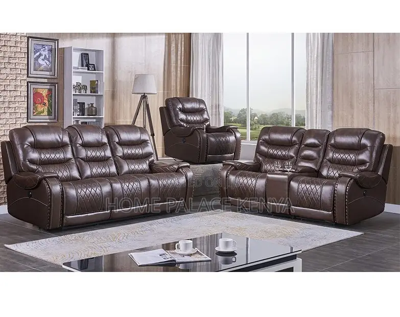 Recliner Sofa: 6 Seater Brown Leather Reclining Sofa Set