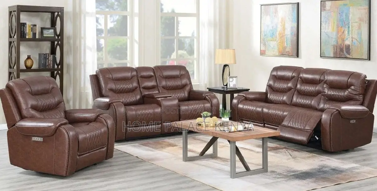 Recliner Sofa: 6 Seater Brown Leather Reclining Sofa Set