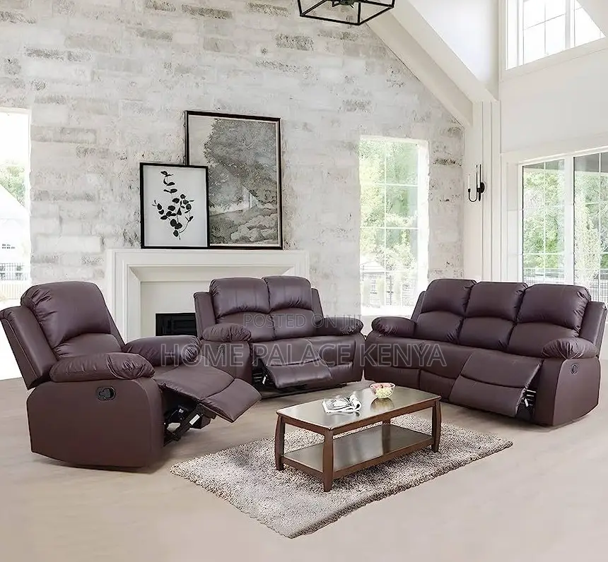Recliner Sofa: 6 Seater Brown Leather Reclining Sofa Set