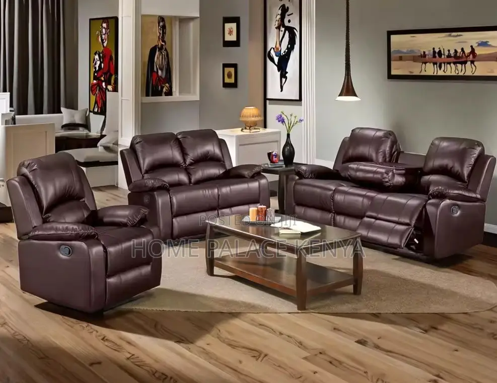 Recliner Sofa: 6 Seater Brown Leather Reclining Sofa Set