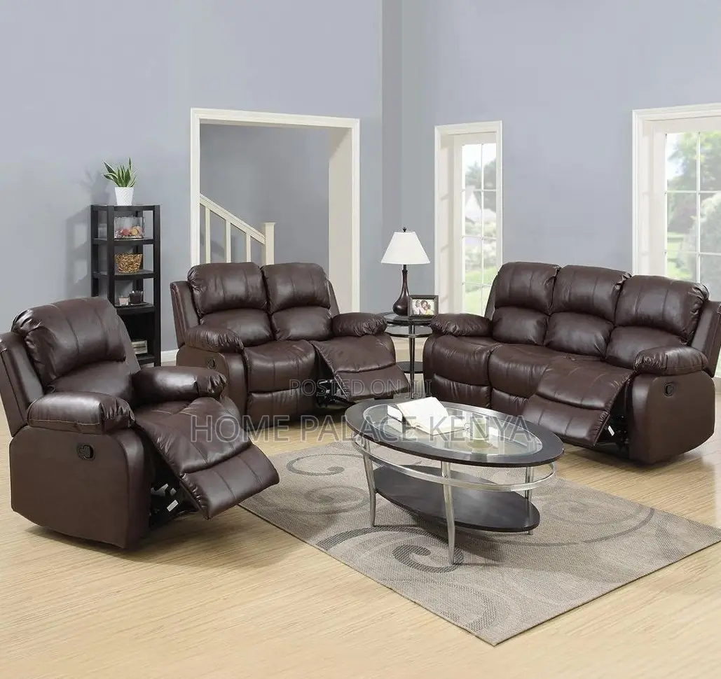 Recliner Sofa: 6 Seater Brown Leather Reclining Sofa Set