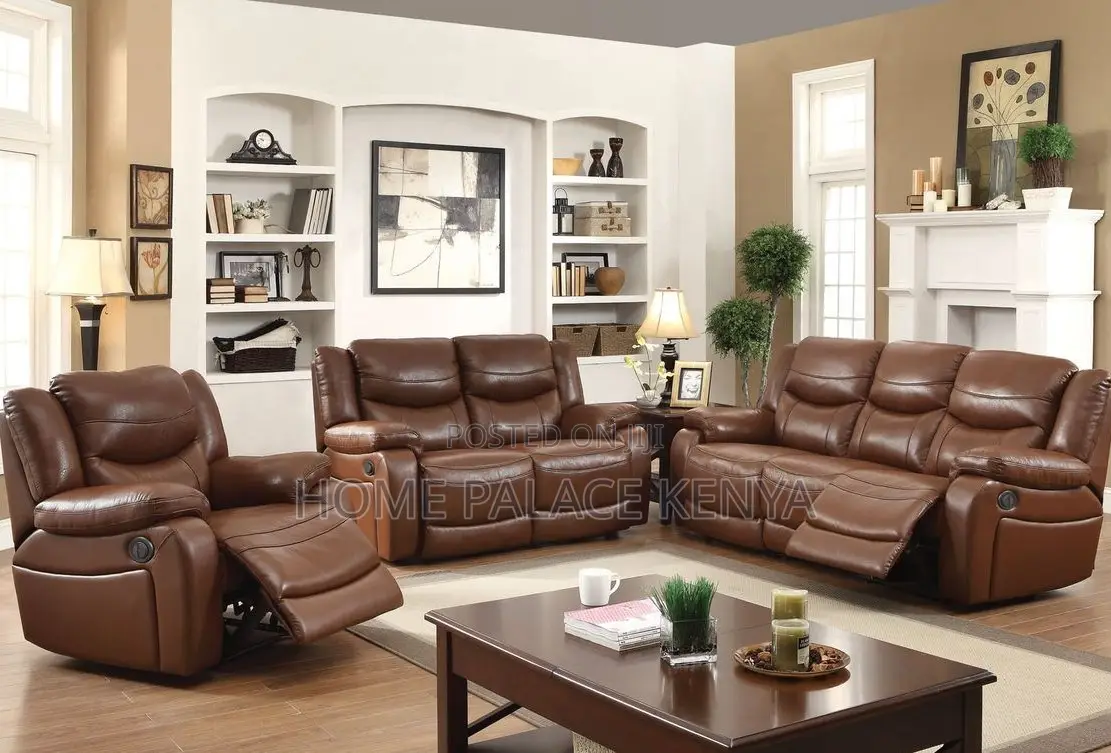 Recliner Sofa: 6 Seater Brown Leather Reclining Sofa Set