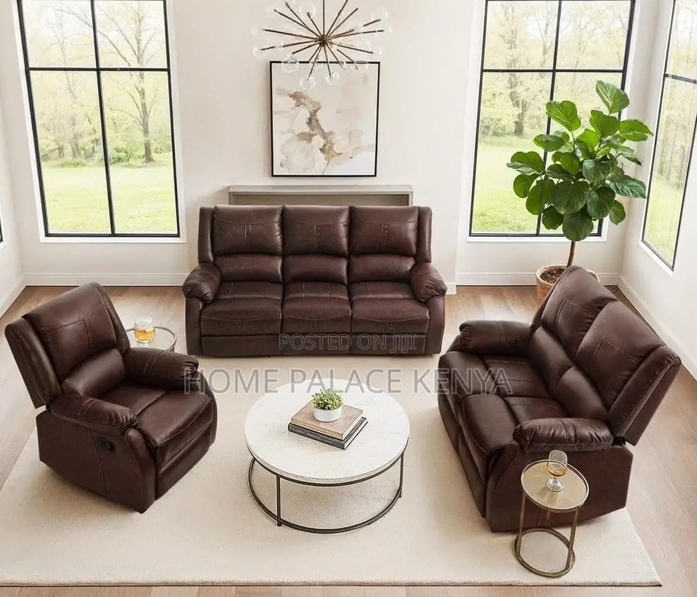 Recliner Sofa: 6 Seater Brown Leather Reclining Sofa Set