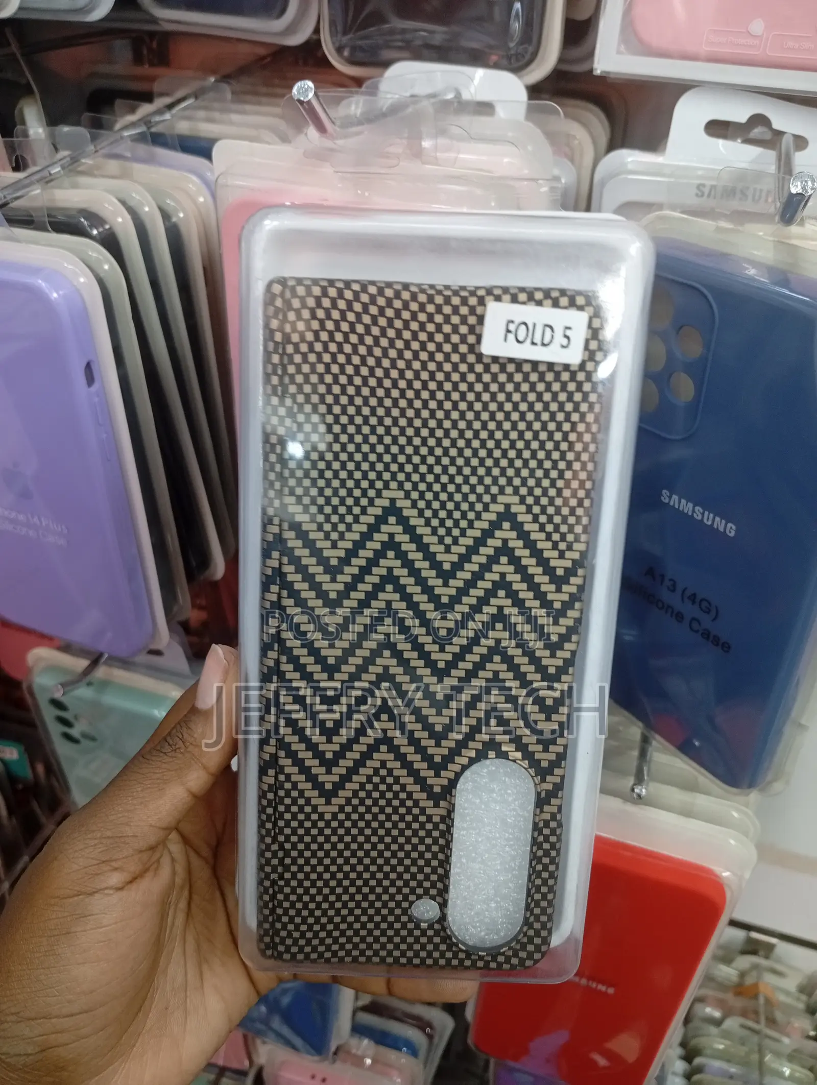 Samsung Galaxy Z Fold 5 Black and Gold Chevron Patterned Fiber Case