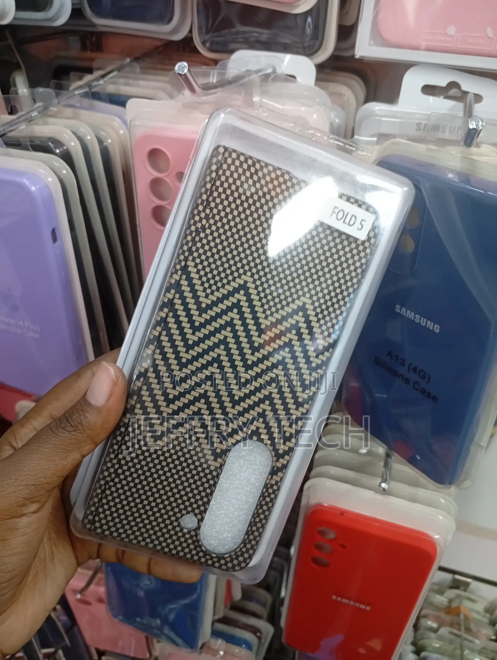 Samsung Galaxy Z Fold 5 Black and Gold Chevron Patterned Fiber Case