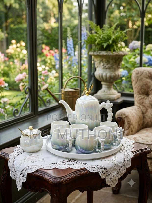 Pearlescent 8-Piece Fine Ceramic Tea Set Ft Rotating Tray - thumbnail 2