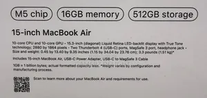 New Laptop Apple MacBook Air 2026 M5 16GB Apple M5 SSD 512GB