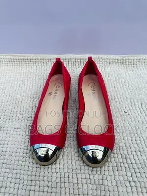 Authentic Chanel Red Leather Ballerina Flats With Silver Cap Toe