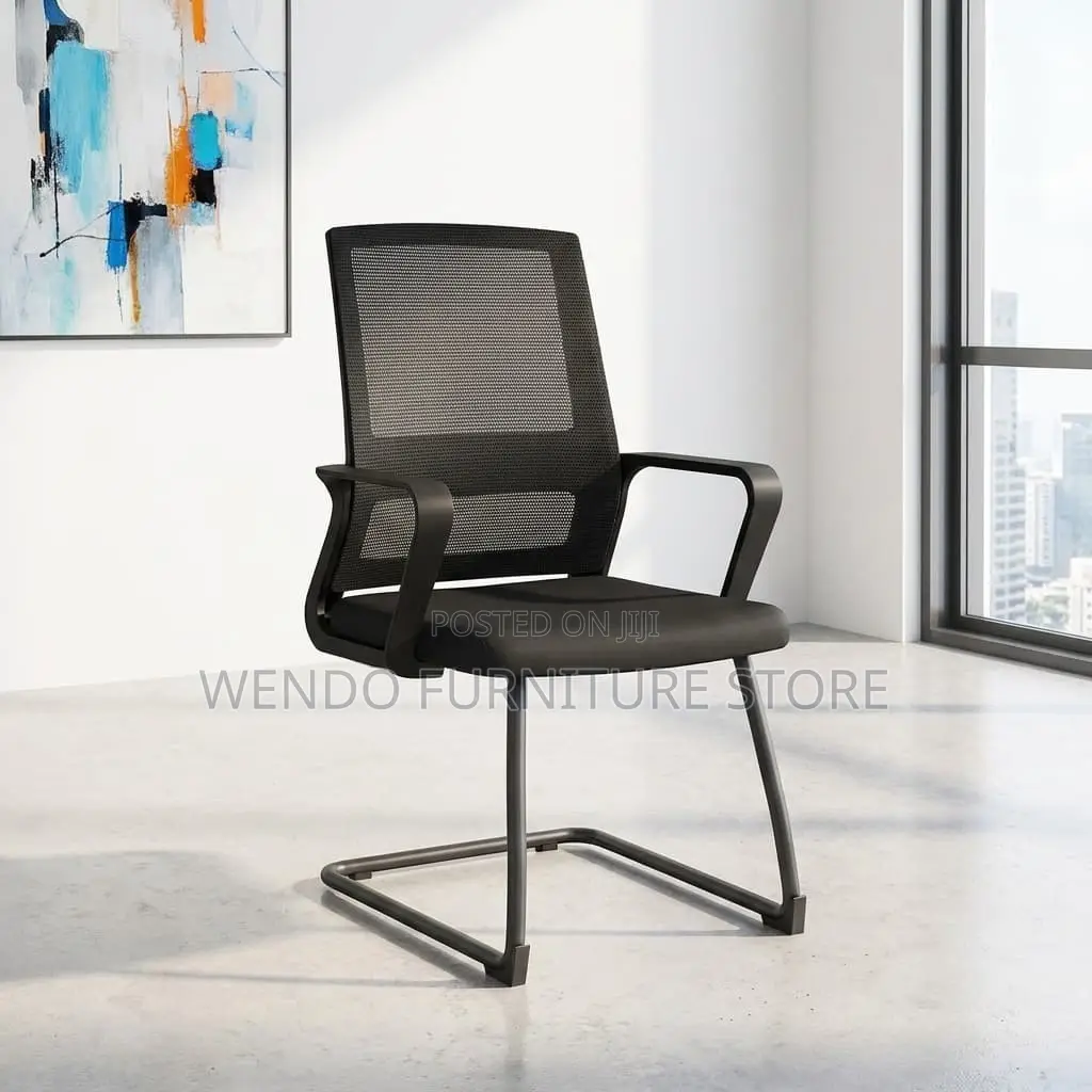 Office Chair : Sleek Black Mesh Visitor Chair -Comfortable Padded Seat