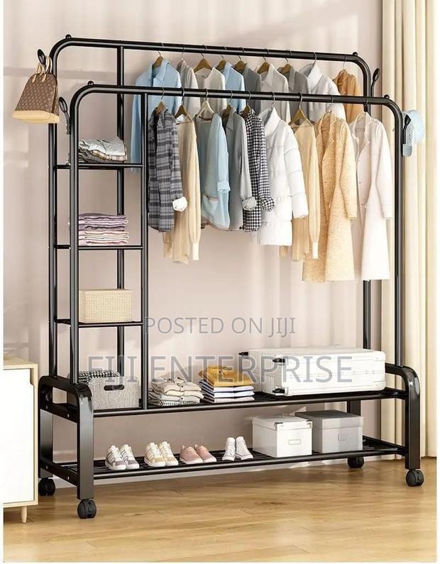 Multifunctional Clothes Rack With Side Storage Shelves – | Wheels | - main view