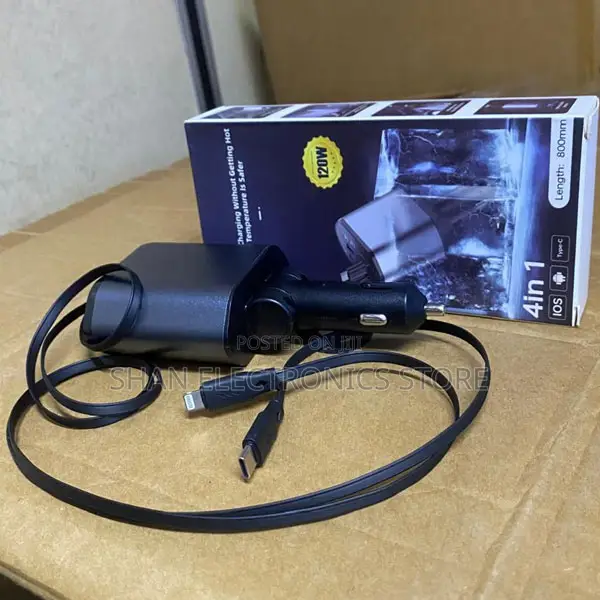 120w 4-in-1 Fast Retractable Car Charger - Black, Type-c & Usb