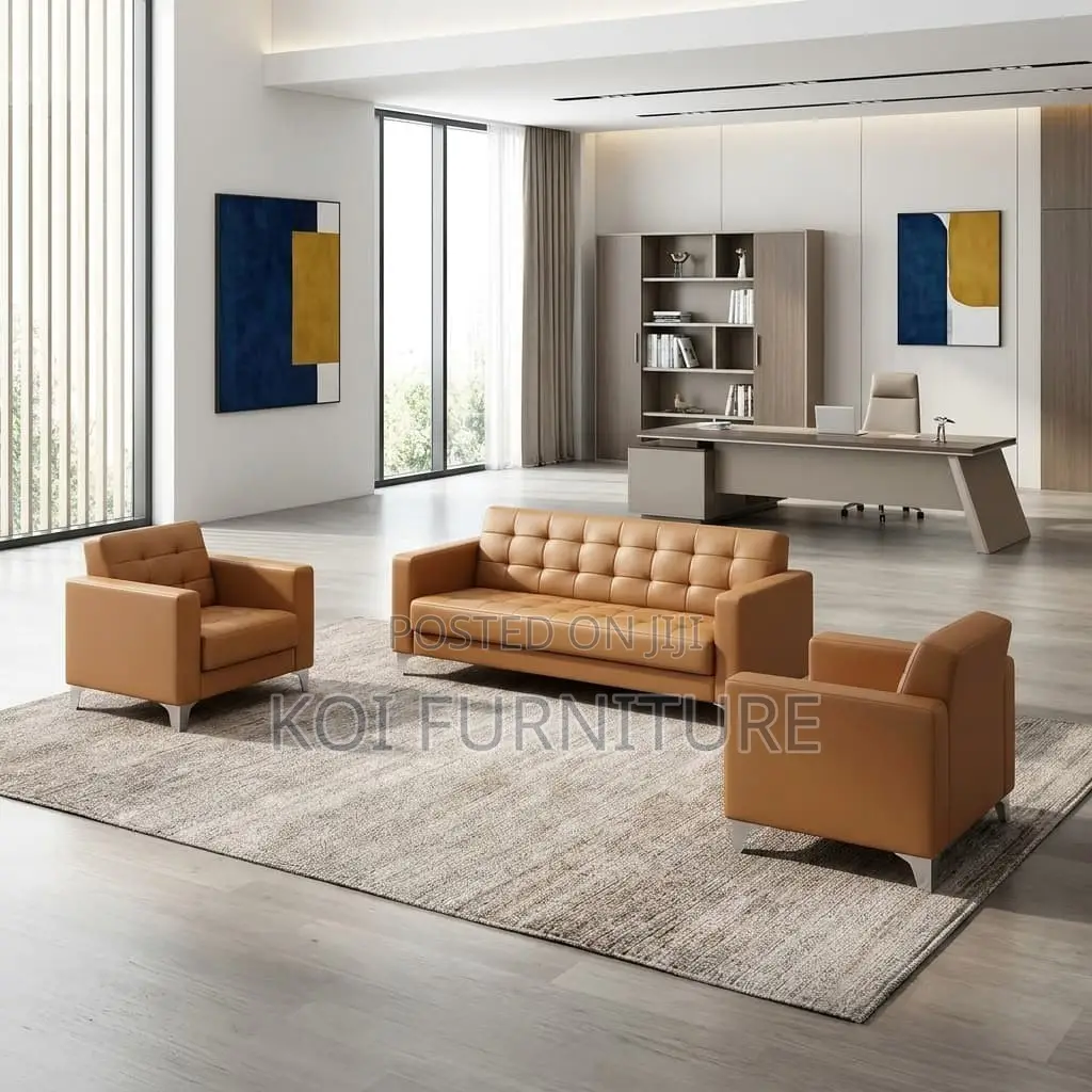 Office Desk : Modern Brown Tufted Leather Reception Sofa