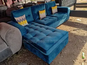 Blue L-Shaped Velvet Sofa 5 Seater