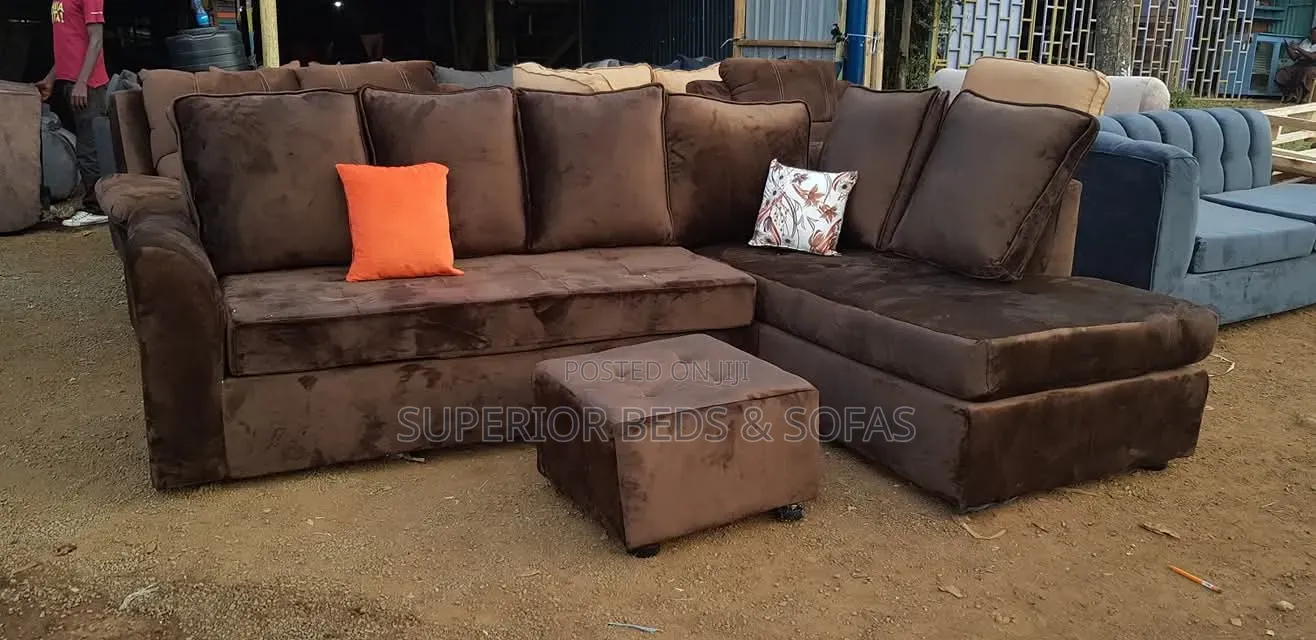 Brown L-Shaped Fabric Sofa (5-Seater) + Ottoman
