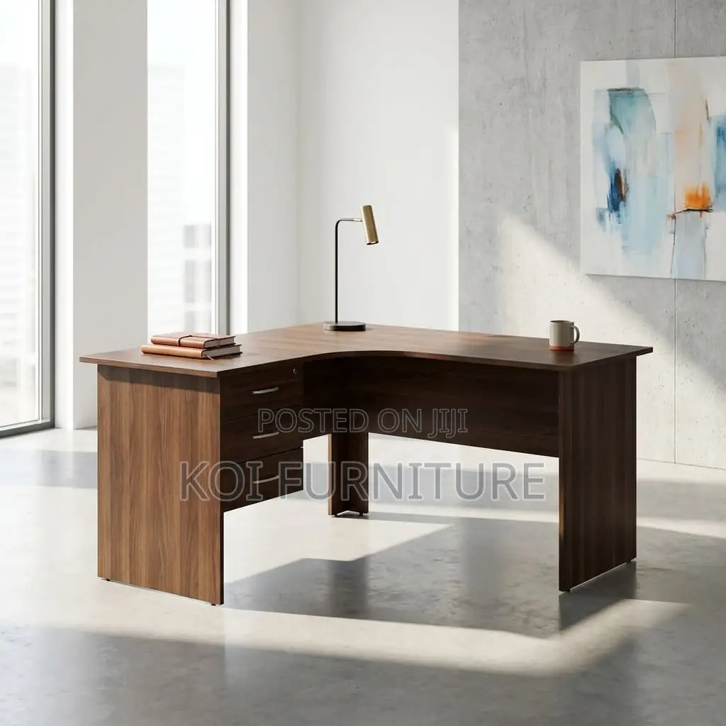 Office Desk : 1.2m Brown Wood Grain L-Shaped Office Desk