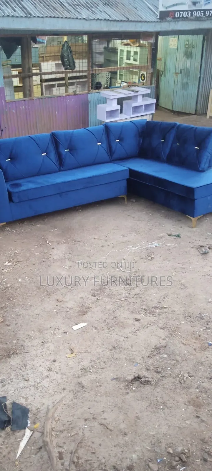 Luxurious Blue L Sofa Set