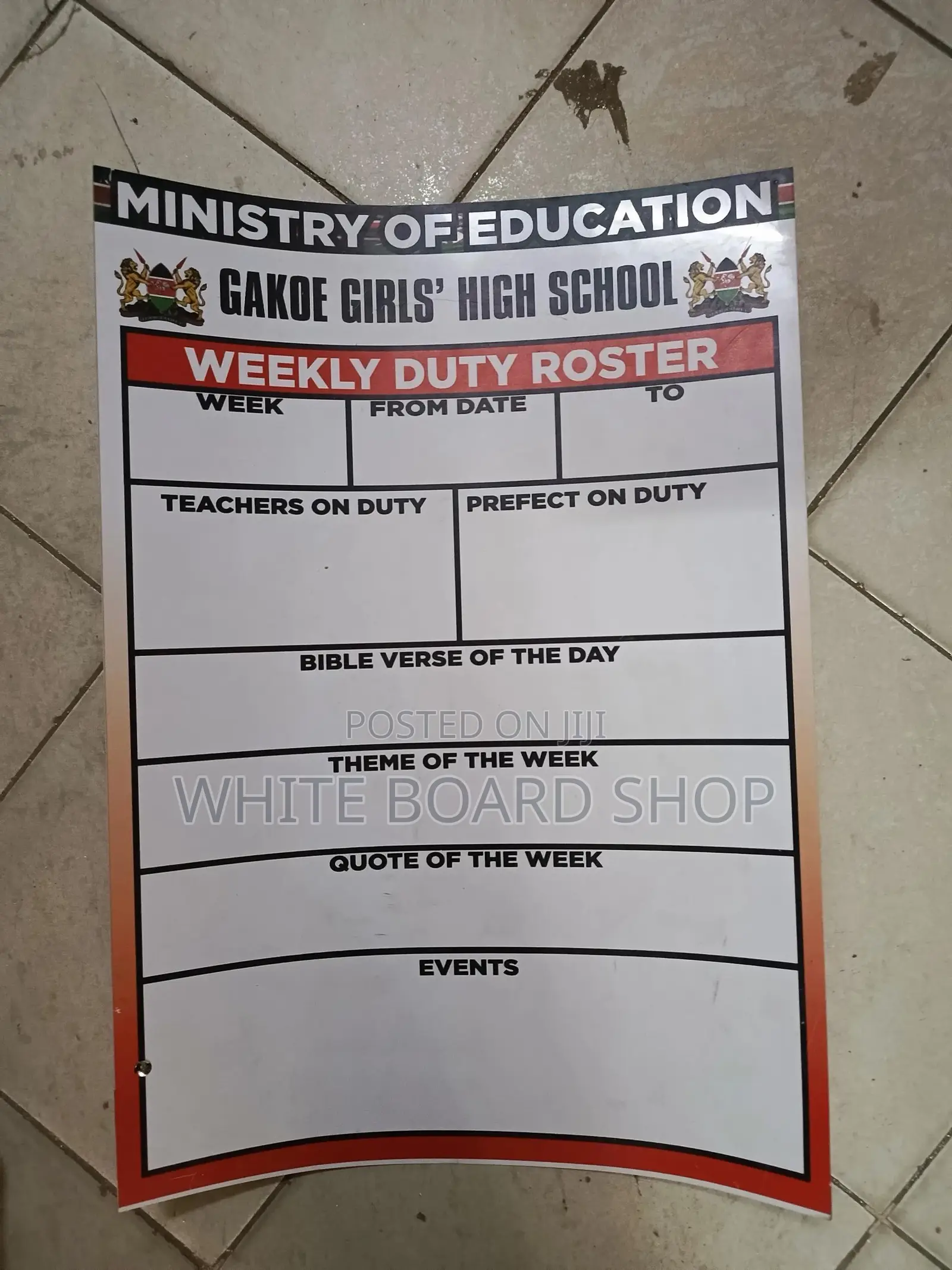 School Weekly Duty Roster Planning Board – 4ft X 4ft Abs Board