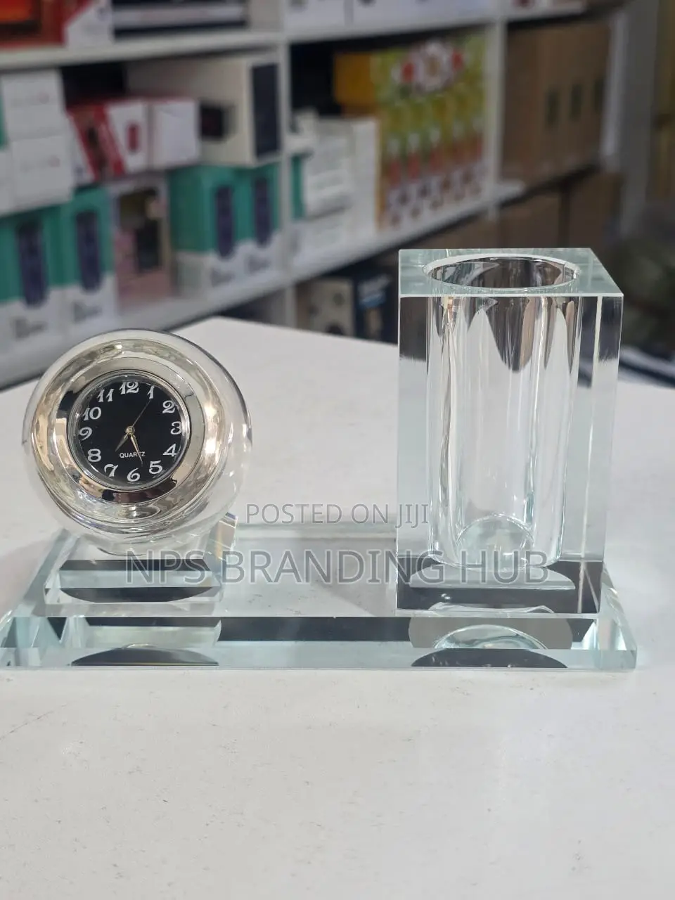 Crystal Glass Desktop Clock Pen Holder Set Tet