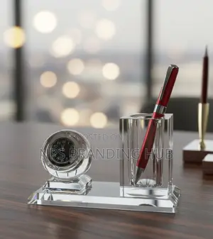 Crystal Glass Desktop Clock Pen Holder Set Tet