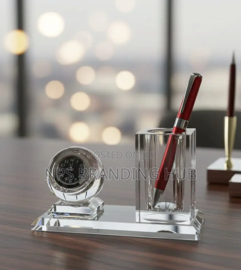 Crystal Glass Desktop Clock Pen Holder Set Tet