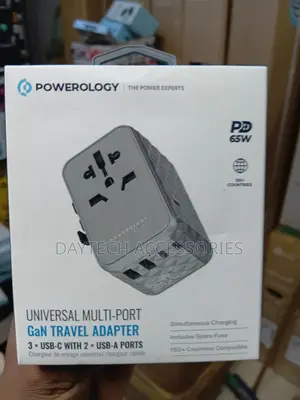 This Is a Powerology 65w Gan Universal Multi-Port Travel Adapter Grey.