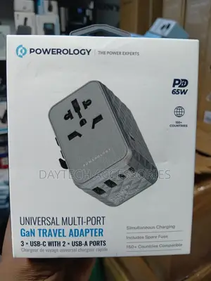 This Is a Powerology 65w Gan Universal Multi-Port Travel Adapter Grey.