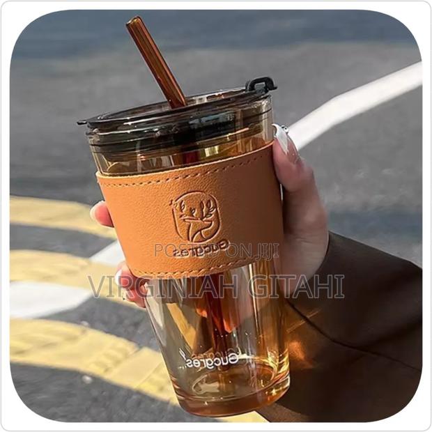 Glass Cups With Cover+Straw+Leather Sleevean