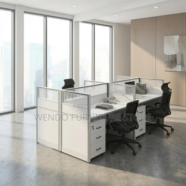 Office Desk : White 4-Person Office Workstation With Partition Panels,