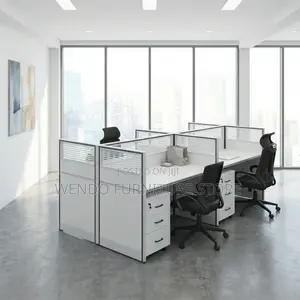 Office Desk : White 4-Person Office Workstation With Partition Panels,