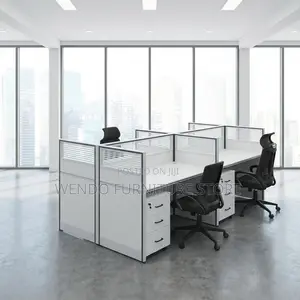 Office Desk : White 4-Person Office Workstation With Partition Panels,