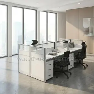Office Desk : White 4-Person Office Workstation With Partition Panels,