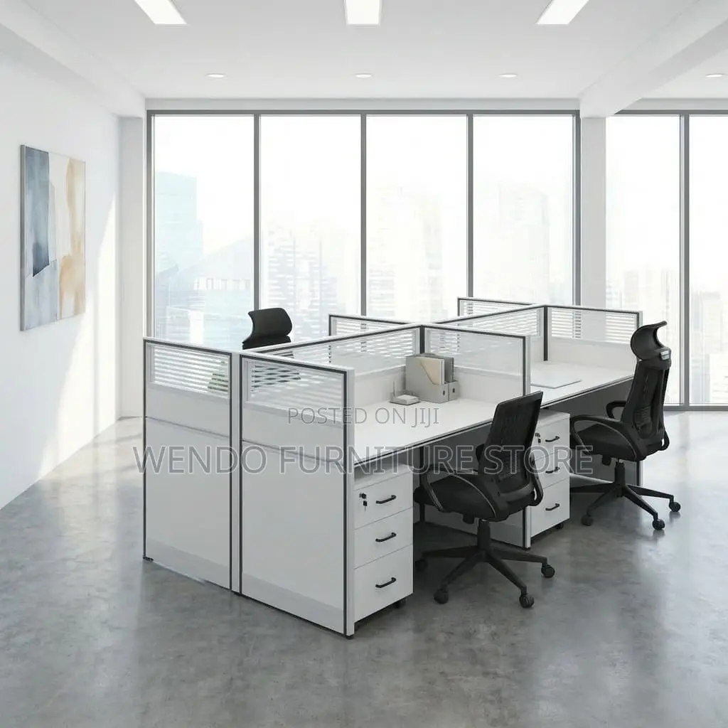 Office Desk : White 4-Person Office Workstation With Partition Panels,