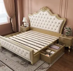 Wooden Bed: Luxury Villa Master Upholstered King Size Bed With Storage