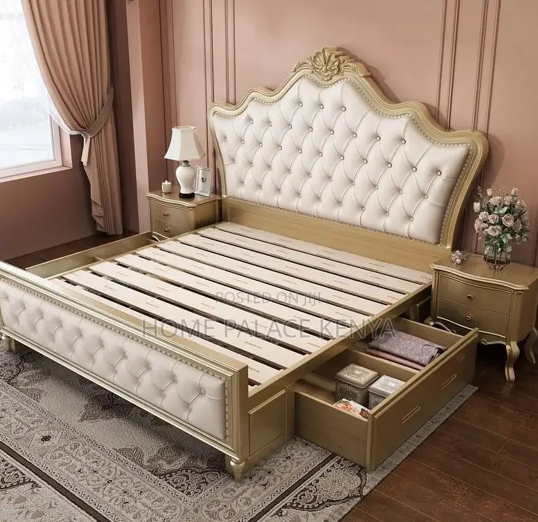 Wooden Bed: Luxury Villa Master Upholstered King Size Bed With Storage