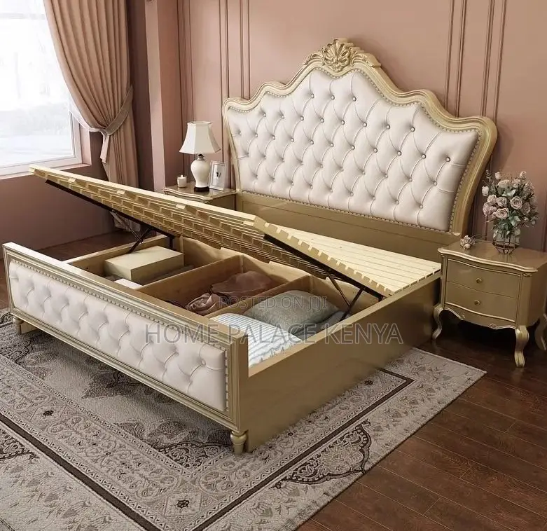 Wooden Bed: Luxury Villa Master Upholstered King Size Bed With Storage