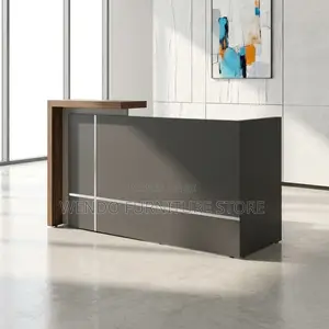Office Desk : Modern Charcoal Grey and Walnut Reception Desk,