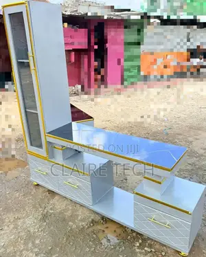 Executive Extended Tv Stand With Marble Coating and Shelf Cabinet