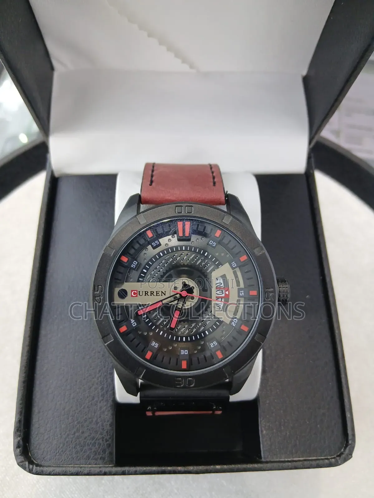 Black Curren With Red Leather Strap Gents Watches 8293