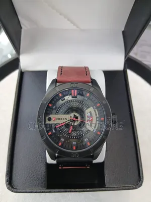 Black Curren With Red Leather Strap Gents Watches 8293