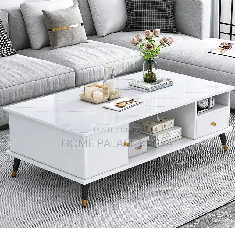 Household Table; Marble Top Coffee Table With Wooden Frame and Storage