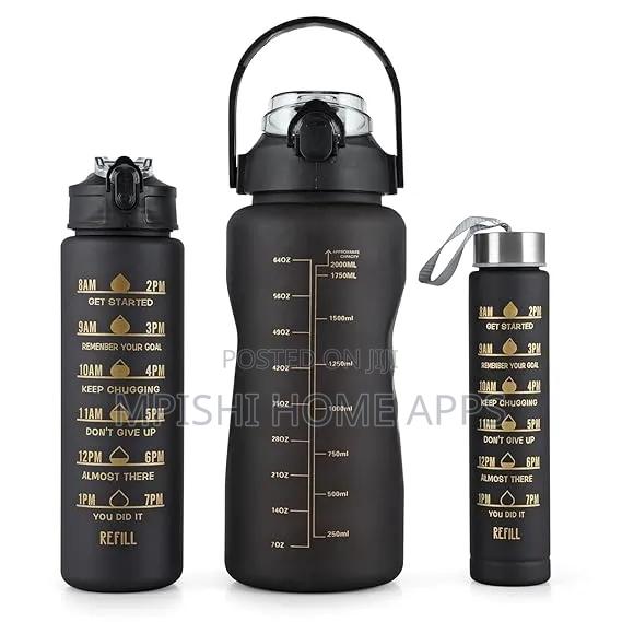 3pcs Water Bottle With Two Straws-Black Matte - main view