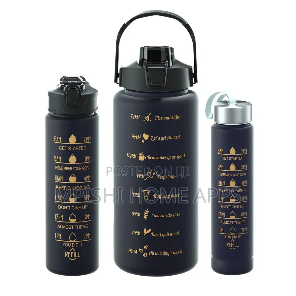 3pcs Water Bottle With Two Straws-Black Matte