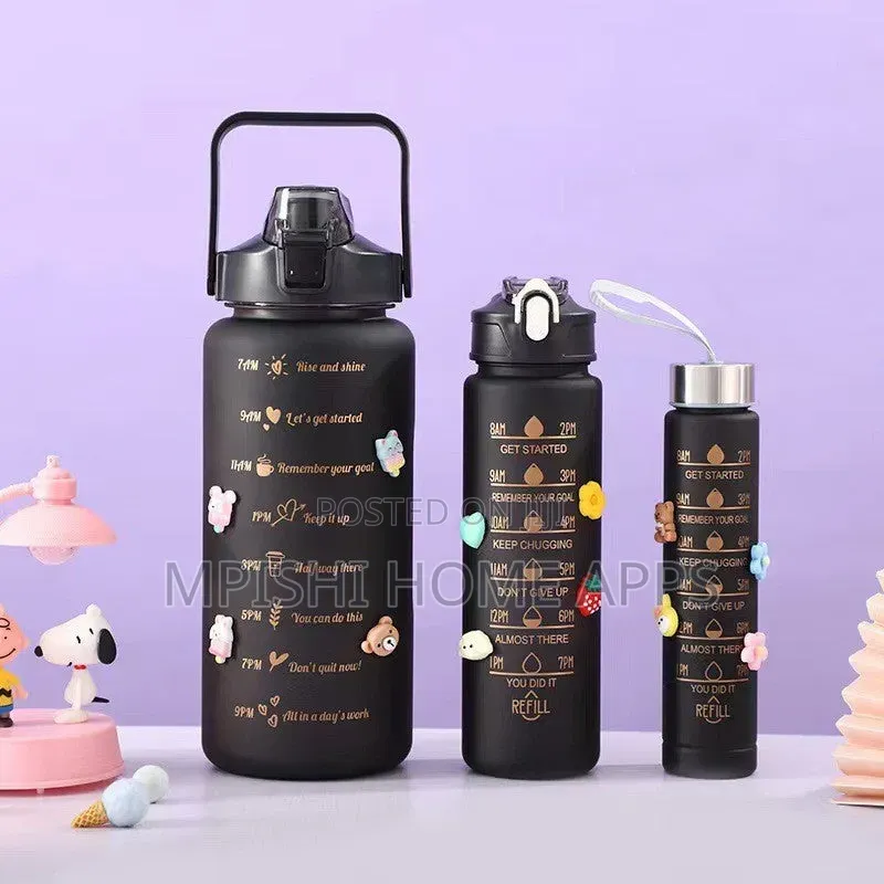 3pcs Water Bottle With Two Straws-Black Matte