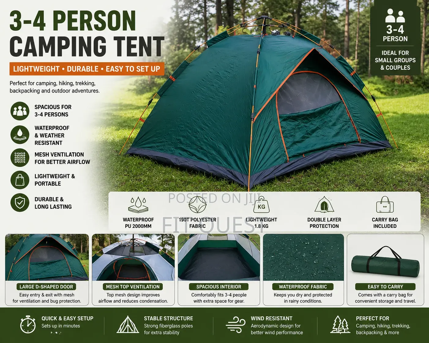Waterproof Automatic Camping Tent 3-4 Person Outdoor Shelter