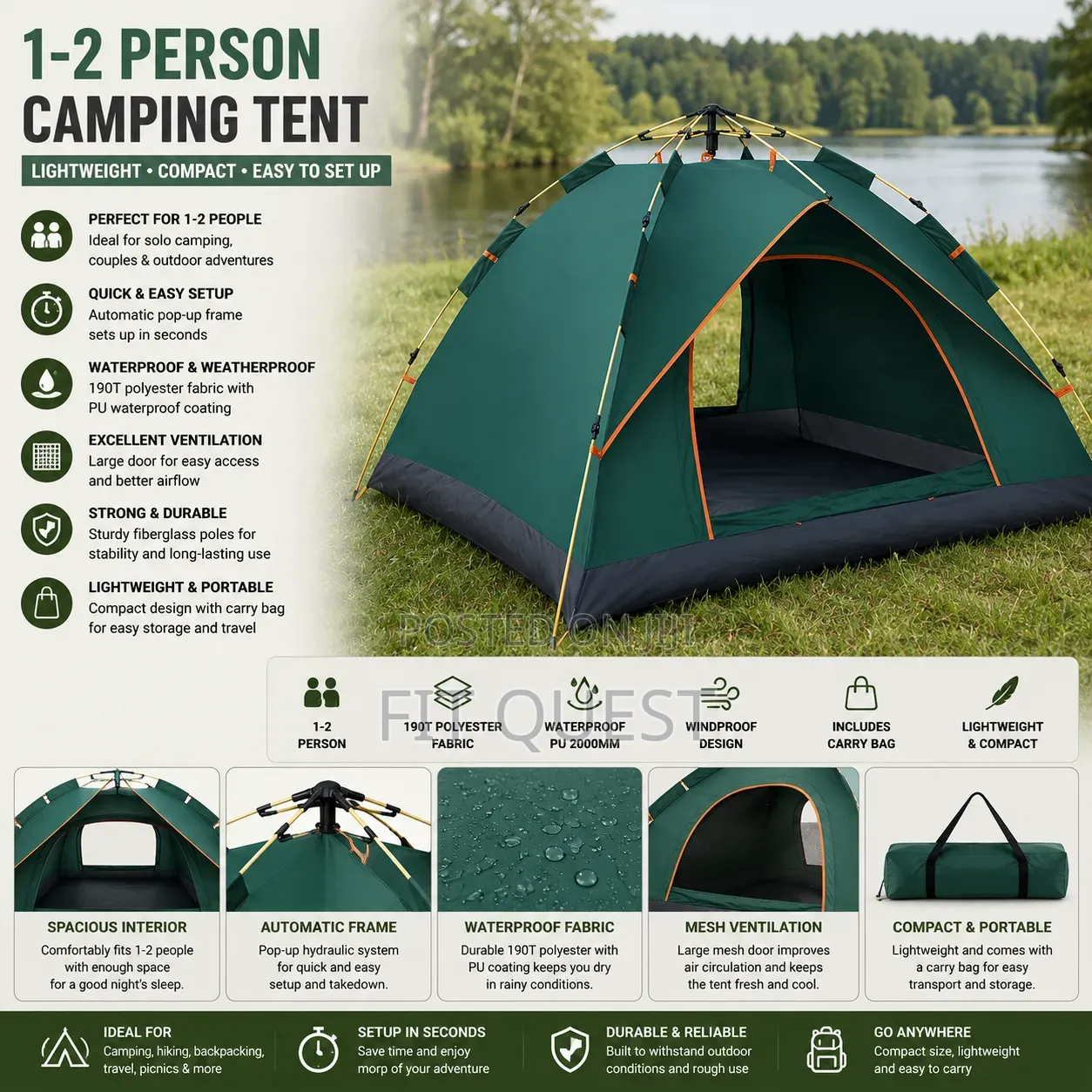 Instant Setup Camping Tent 1-2 Person Outdoor Shelter
