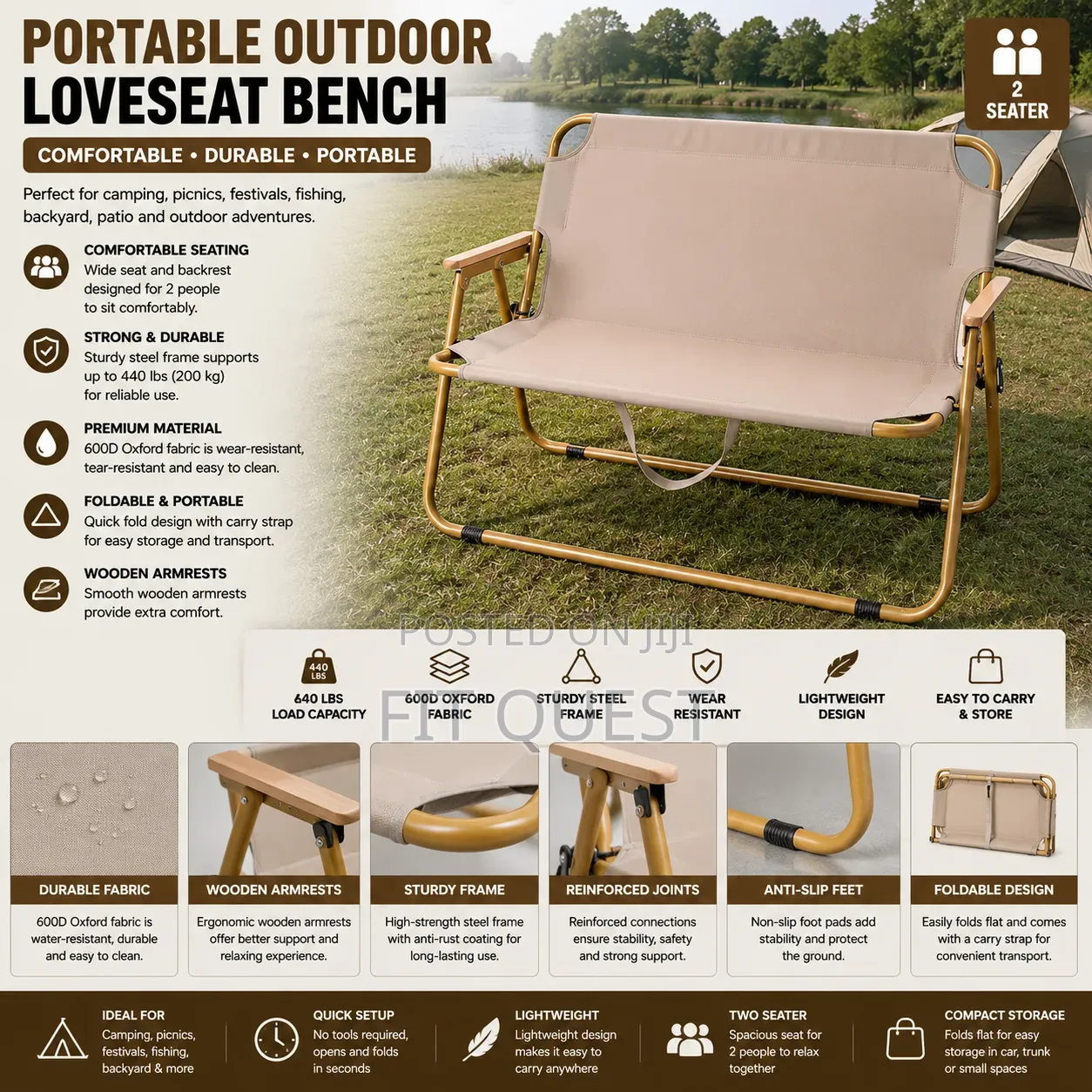 Portable Outdoor Folding Loveseat Bench Camping Chair 2 Seater