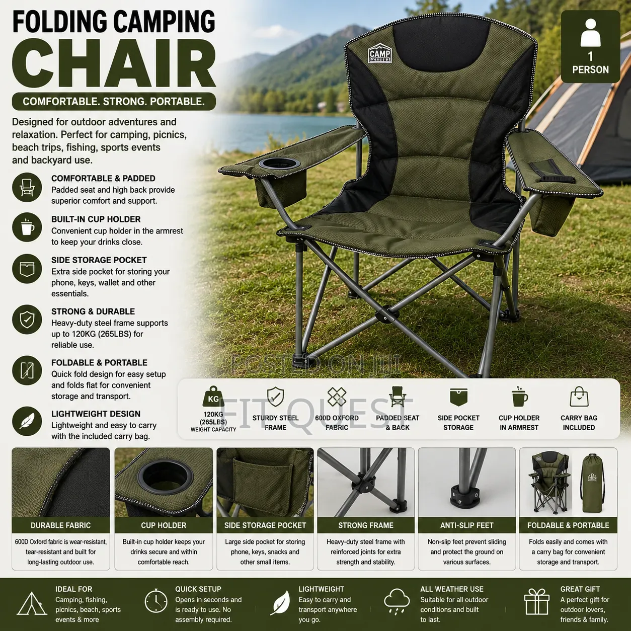 Heavy Duty- Foldable Camping Chair With Cup Holder Outdoor Seat