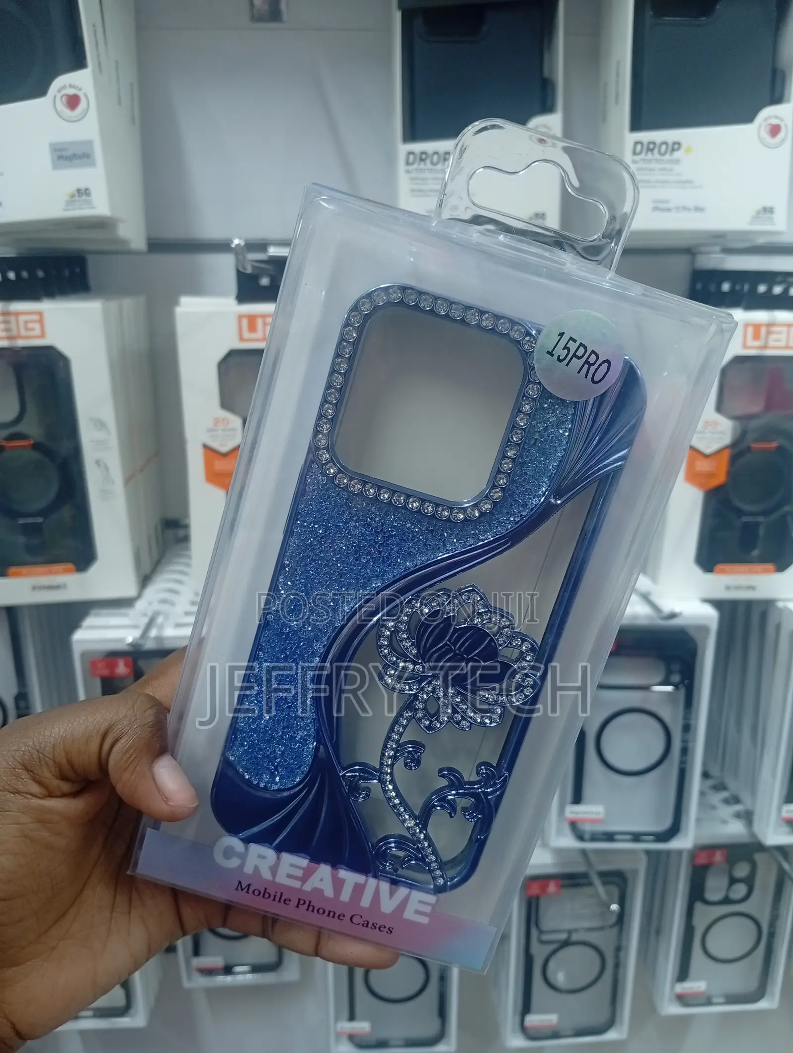 iPhone 15 Pro Blue, Sparkling Flower Phone Case